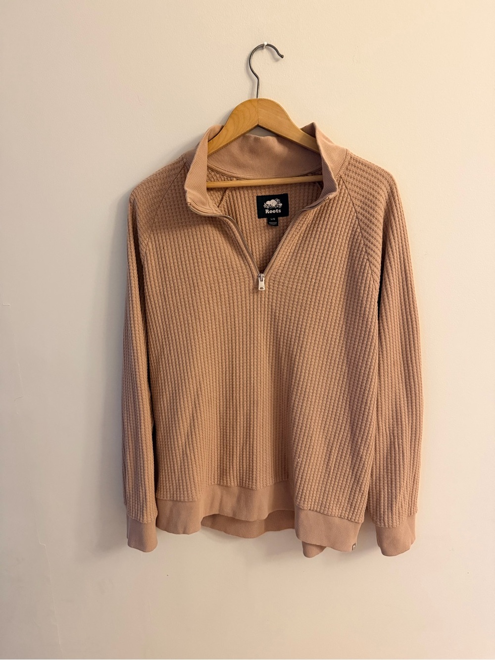 Roots Zip-Neck Waffle Sweater - pale pink